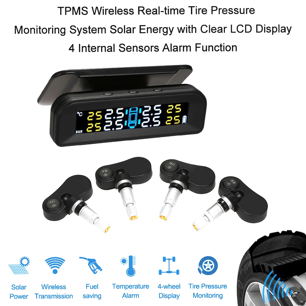 Wireless TPMS Car Tire Pressure Alarm Monitor System Real-time Display Attached to Glass Solar Power Charge Tire Gauge