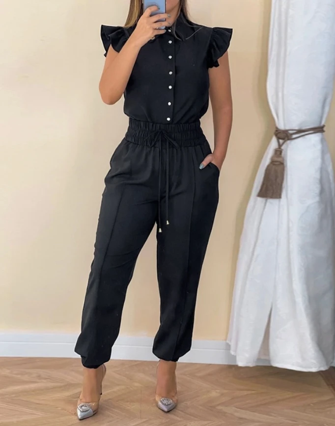 

Two Piece Set Women Outfit 2025 New Turn-Down Collar Flutter Sleeve Front Button Blouse & Drawstring Cuffed Pants Pants Set