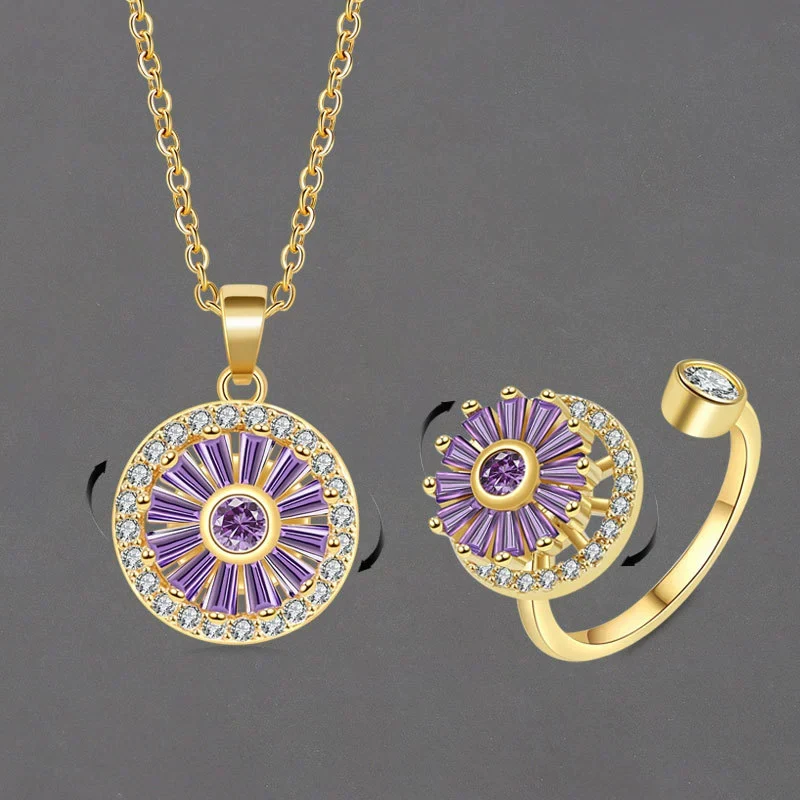 Swirling Lucky Grass ins Ring Necklace For Girl Student Gifts Romantic Micro Inlay Purple Zircon Sunflower Jewelry Set KOFSAC