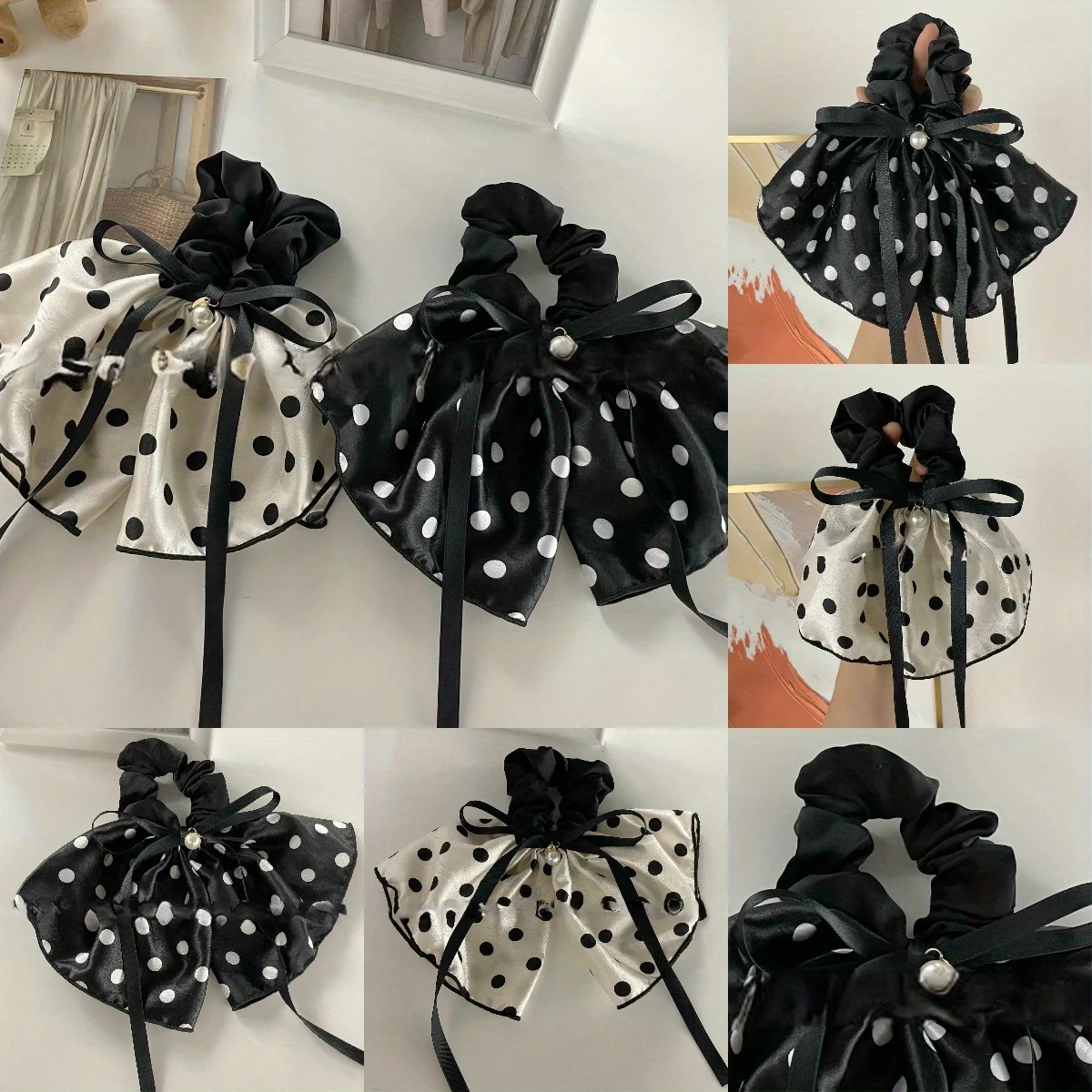 

1PC French Polka Dot Large Intestine Headband Butterfly Pearl Tassel Low Ponytail Headband Retro Elegant Princess Hair Accessory
