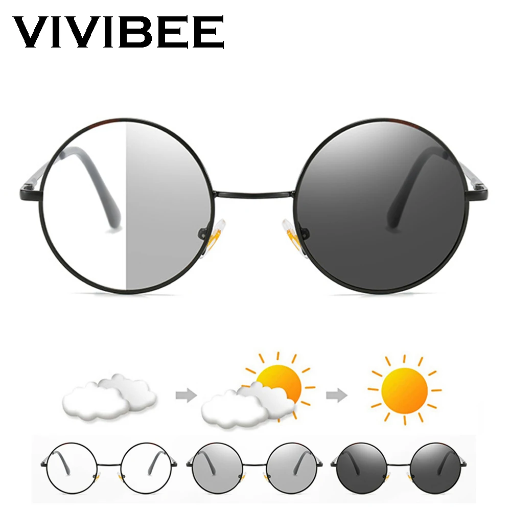 VIVIBEE Photochromic Mens Blue Light Blocking Glasses Retro UV400 Anti Glare Round Color Changing Sunglasses Computer Shades