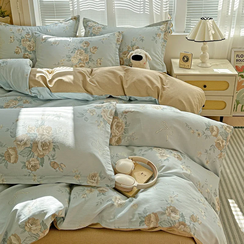 100% Cotton Duvet Cover Set, Floral Printed Duvet Cover with 2 Pillowcases, Soft Breathable Bedding Set for All‑Season Use
