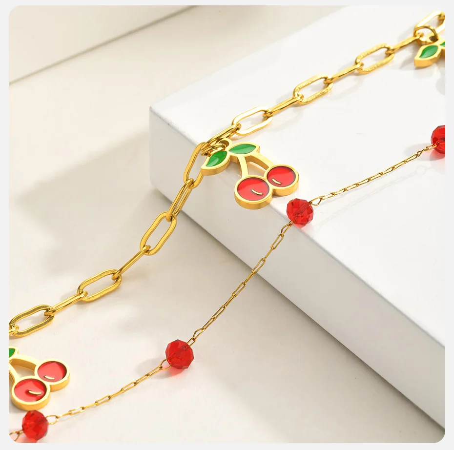 Vnox Boho Doppelschichtiges Vergoldetes Kirsch-Charm-Armband Süßes Niedliches Rotes Kristallperlen-Frucht-Armband Tägliche Accessoires Geschenk – Detail 6
