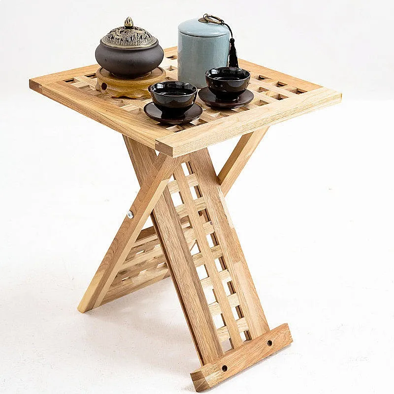 Foldable Solid Wood Coffee Table Grid Design Space-Saving Side Tea Desk
