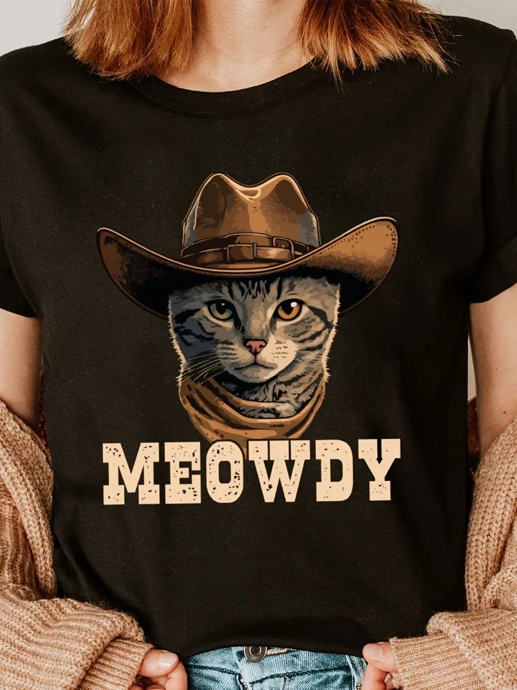 

Cowboy Cat Print Crew Neck Women's T-Shirt Spring/Summer/Fall Fashion Short Sleeve Casual Top Women's Clothing Plus Size