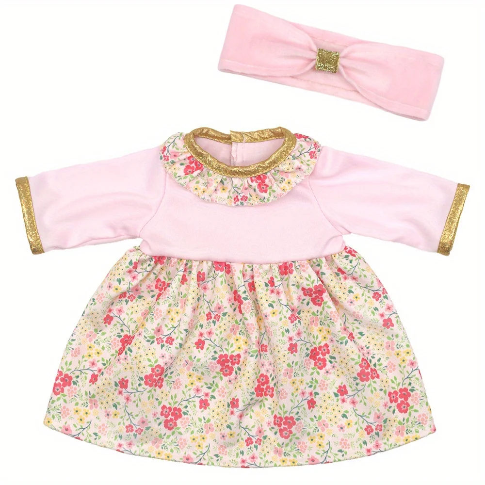 1 set of long-sleeved floral dress with gold trim doll clothes for 18-inch (45.7cm) doll girls. Suitable for American dolls