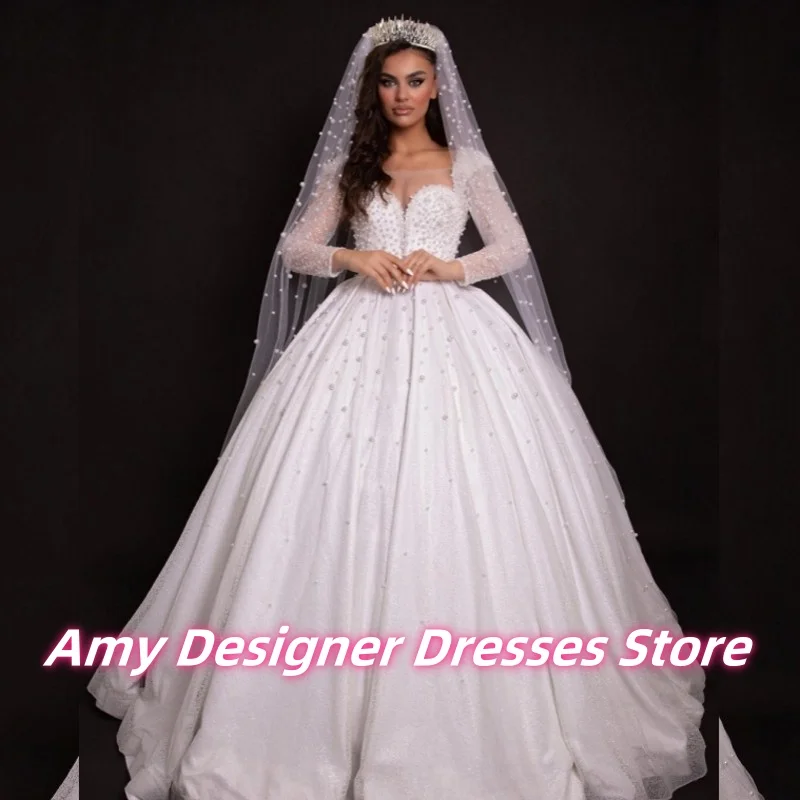 

Customized Arabic Females Luxury Long Sleeves Square Neck Wedding Dresses Exquisite Pears Bride Gowns Vestidos De Novia 2025