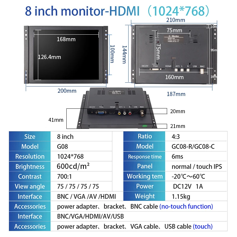 Imagem -06 - Monitor do Lcd do Quadro Aberto Exposição Industrial do Tela Táctil Hdmi Bnc Vga Usb Porto do Avoirdupois 600lêndeas 1024x768 Brilho Alto