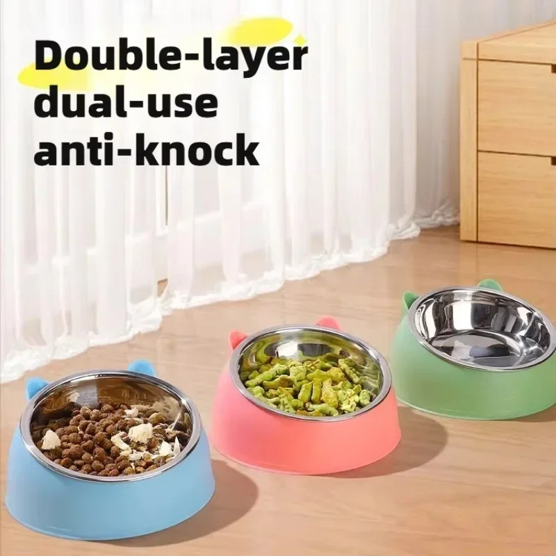 Stainless Steel Cat Bowl with Non Slip Base Cute Cat Ear Design Elevated Pet Food Water Bowl for Dog Kitten Puppy Safe Durable
