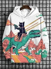 Moletom masculino com capuz de gato e dinossauro 3D estampado pulôver de manga comprida moda streetwear poliéster com capuz ao ar livre casual diário