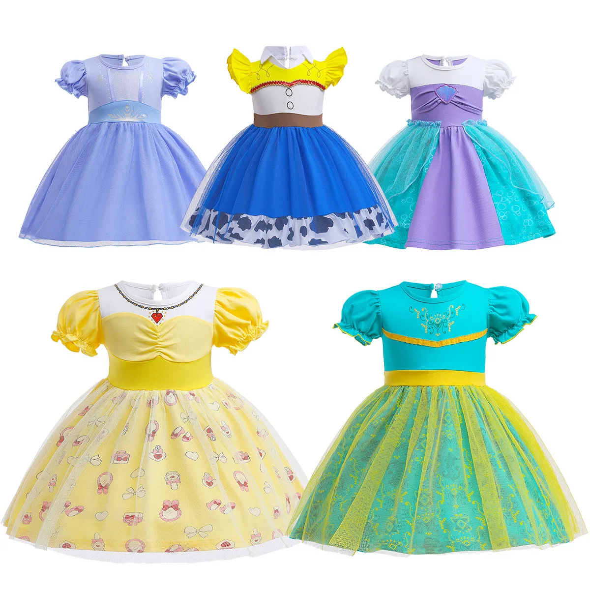 Girls Princess Dress Belle Jasime Elsa Sofia Tris Design Dresses Size 90-130 Girl Tutu Dress Cotton Clothing Set Quality Costume