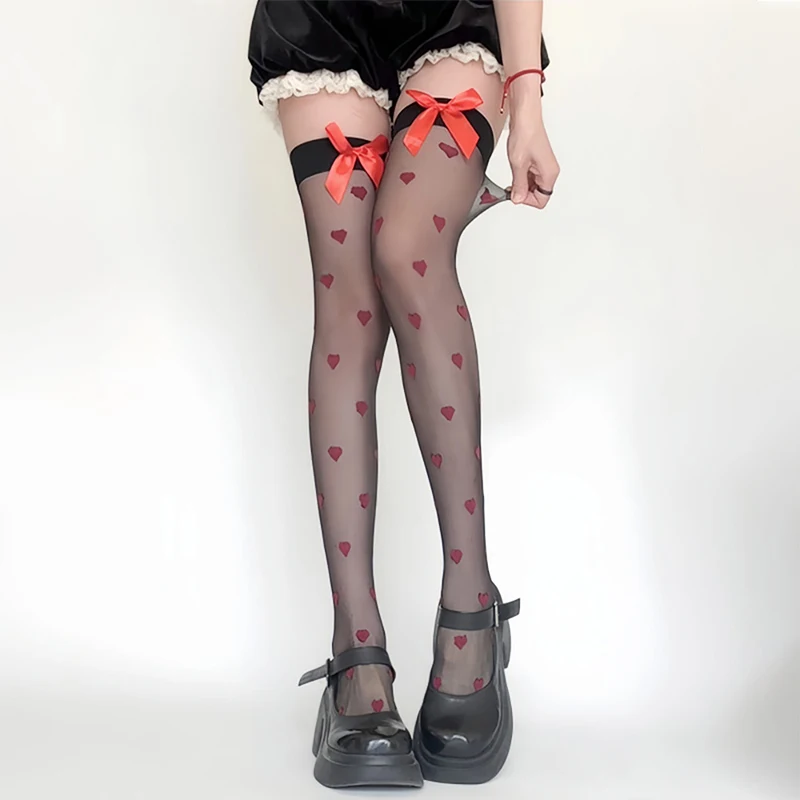 

Sexy Bow Heart-Shaped Printing Stockings Pure Desire Lace Stockings For Women