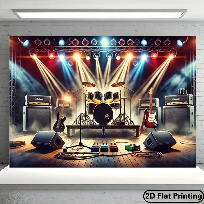 Rock Band Stage Tapestry - Electric Guitar & Drum Set Art, Concert Lighting Wall Decor, Music Lover Room Hanging, Polyester