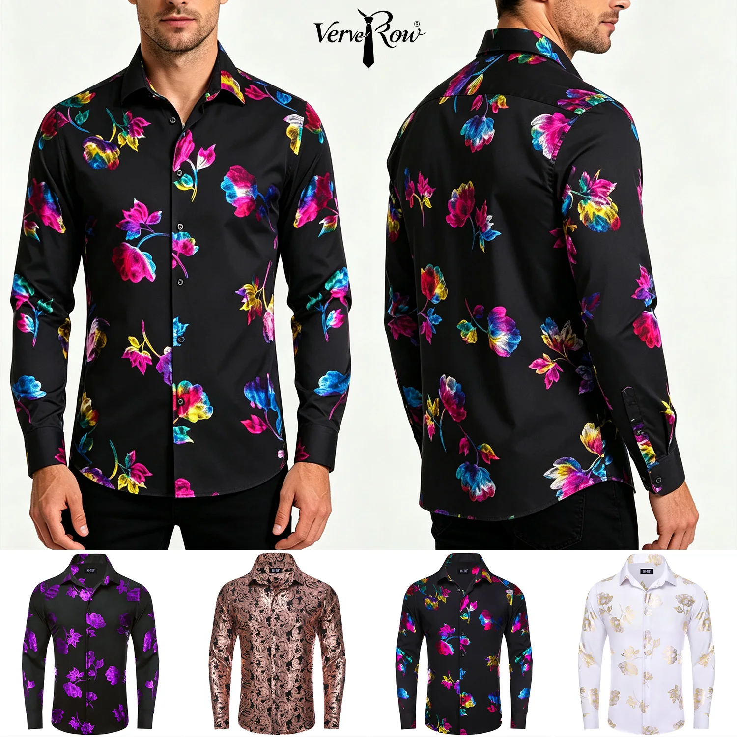 Printed Long Sleeve Shirt Men Single Piece, Pink or Green or White or Blue or Gold or Black, Loose Button Collar Daily