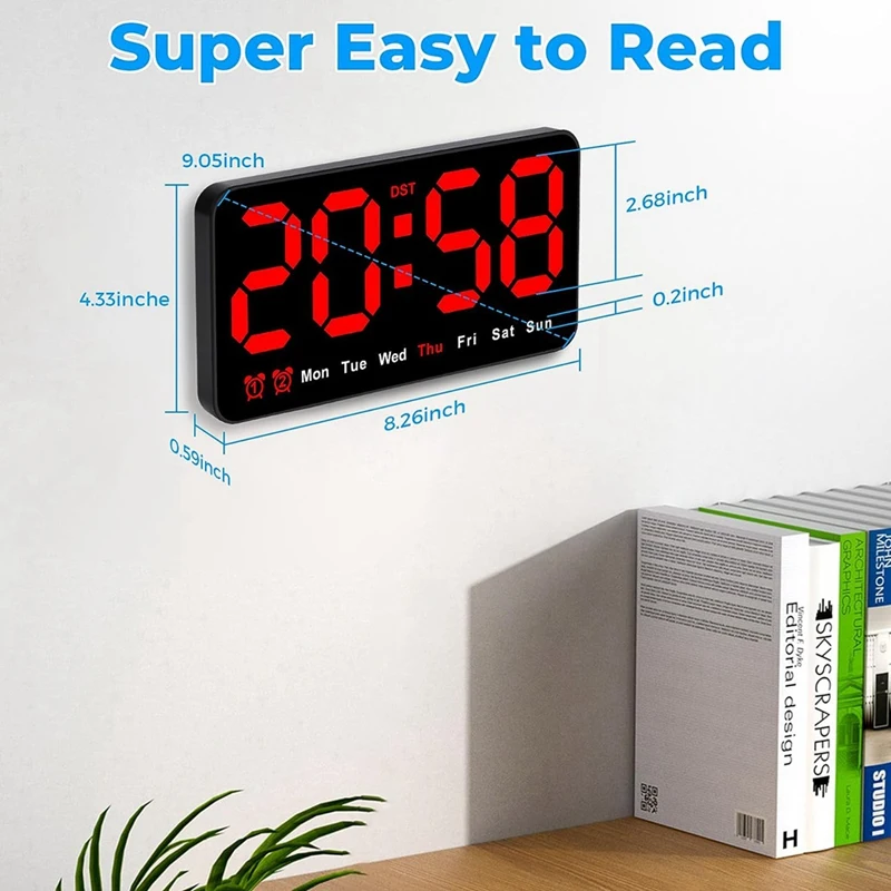 LEDデジタル壁時計,9インチ,大型ディスプレイ,12, 24時間,大きな数字,小,サイレント,耐久性,赤