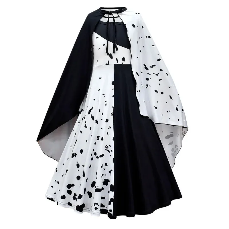 

101 Loyal Dog Black and White Witch Cruella De Vil Dress up Costumes Kids Cosplay Halloween Costume Girls Party Dress Cloak Wig