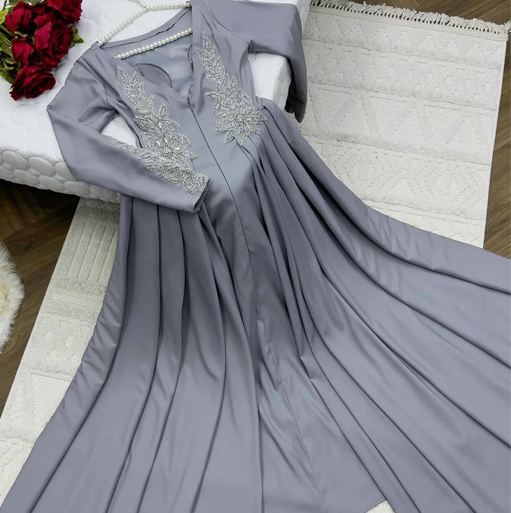 

Straight V-Neck Satin Long Sleeves Photo Color Elegant and Modern Evening Dresses Panel Train Appliques Crystal Pleats Ruffles