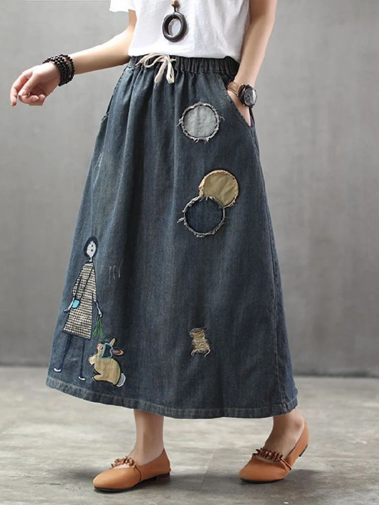 Max LuLu 2024 Korean Fashion Streetwear Women Summer Classic Embroidery Loose Denim Skirts Ladies Casual Vintage Cartoon Clothes