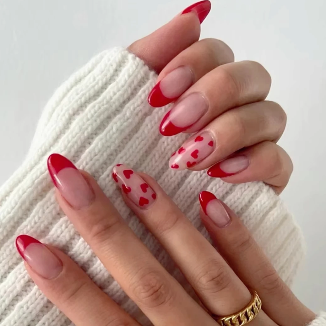 Love Heart Red Almond Fake Nails Art Charm Rhinestone Ballet False Nails Valentine DAY Bowknot Pearl Lip Press on Nails Manicure