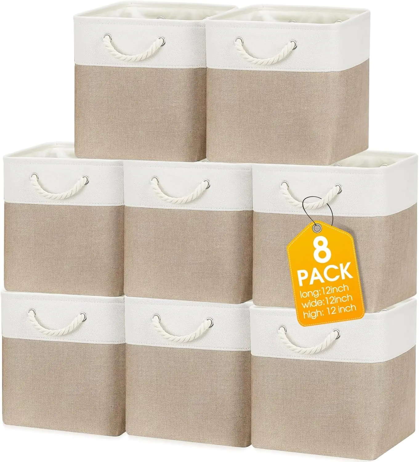 

8 Pack Foldable Fabric Storage Bins with Handles, Beige Closet Organizer for Toys Towels Home (12x12x12 in)