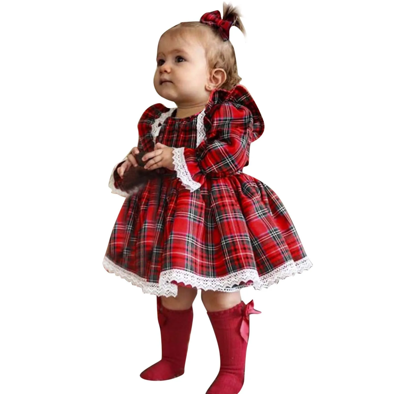 Moda Natale Abiti per bambini Ragazze del bambino Natale Manica lunga Pizzo Stampe scozzesi Abito da principessa Xmas дет anale одеж Б
