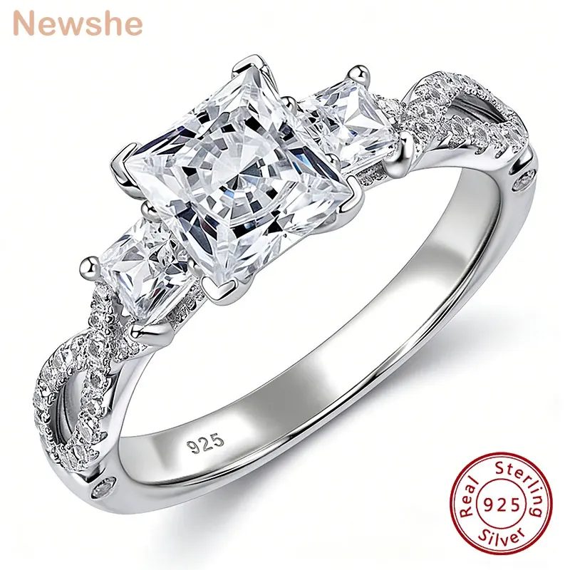 

Серебряные обручальные кольца Newshe 925 пробы для женщин с тремя камнями огранки «Принцесса» из фианитов AAAAA, изысканные свадебные украшения
