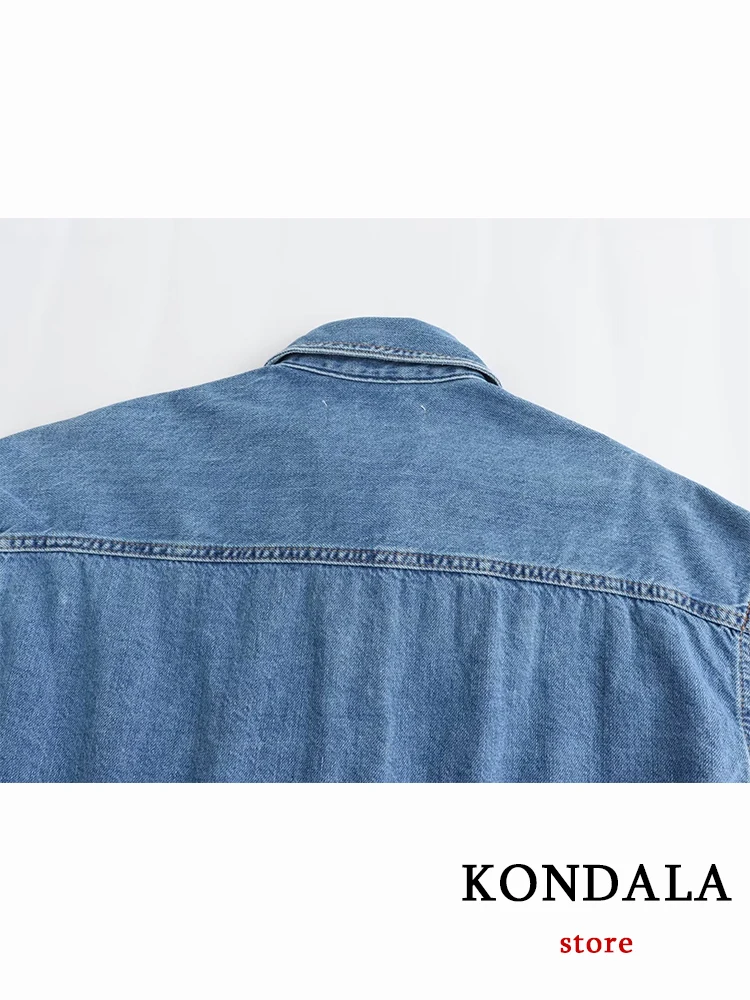 KONDALA New Chic Solid Blue Denim Women Oversized Shirt Fashion 2023 Autumn Casual 3D Jewel Long Sleeve Streetwear Button Blouse