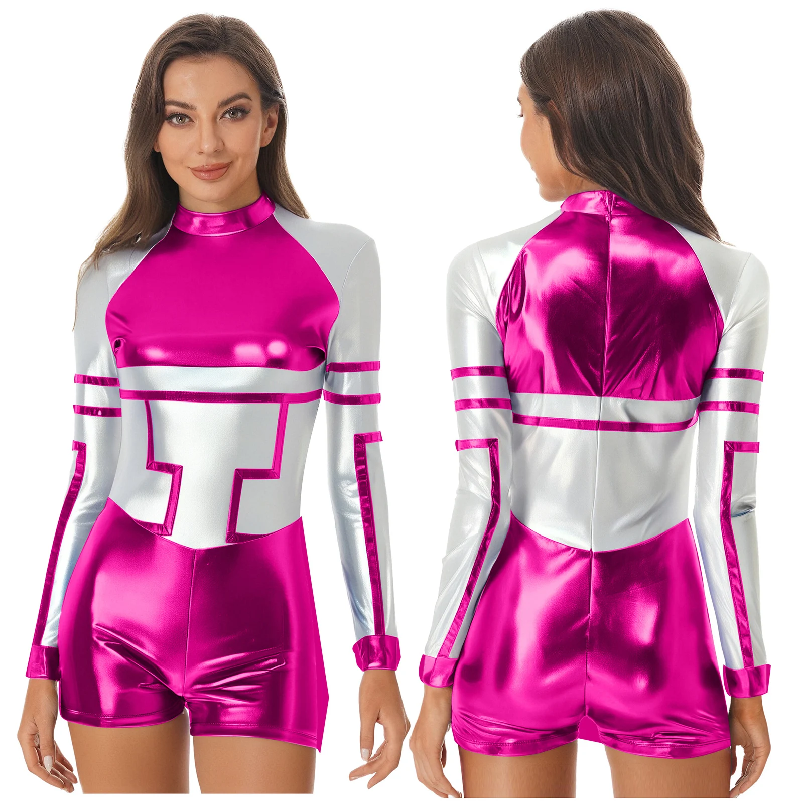 

Women Halloween Alien Robot Cosplay Jumpsuit Metallic Shiny Long Sleeve Bodysuit for Astronaut Space Themed Party Performance
