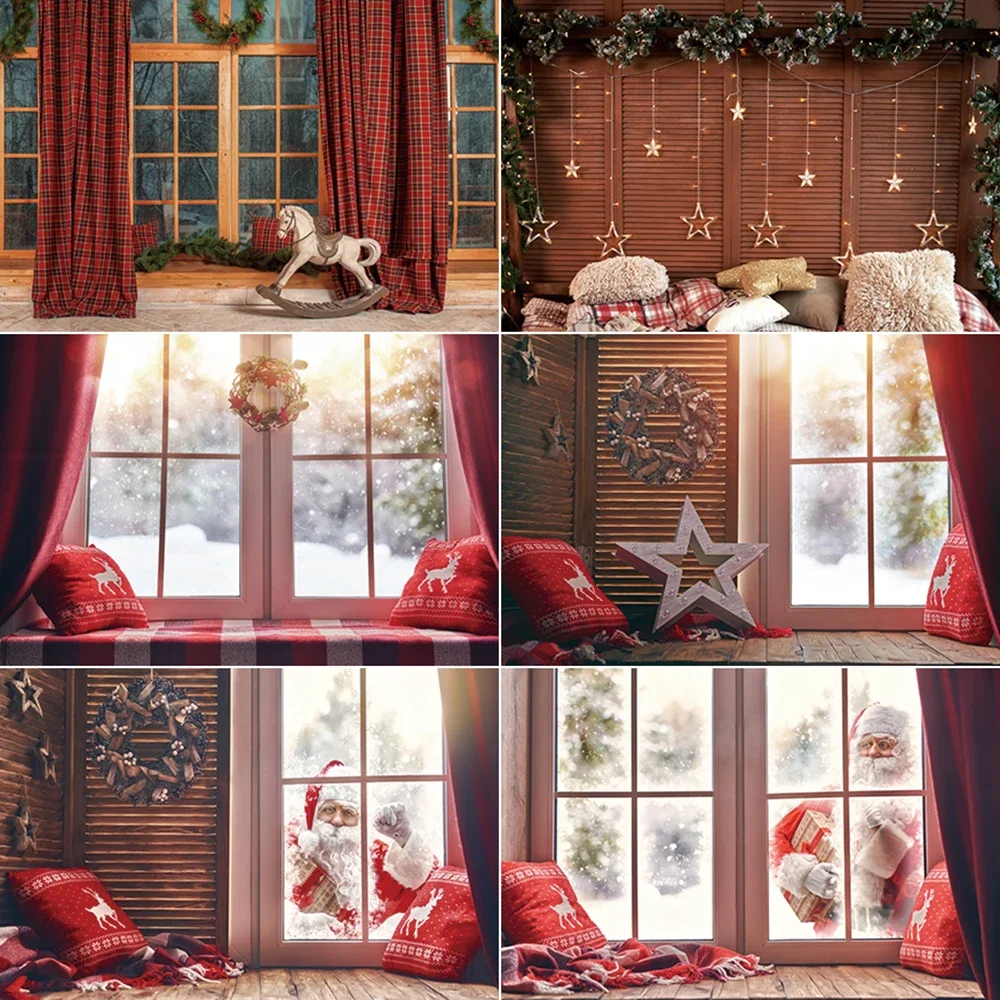 

MOON.QG Christmas Day Photography Background Red Curtain Window Santa Photozone Backdrop Children Studio Photobooth Accessories