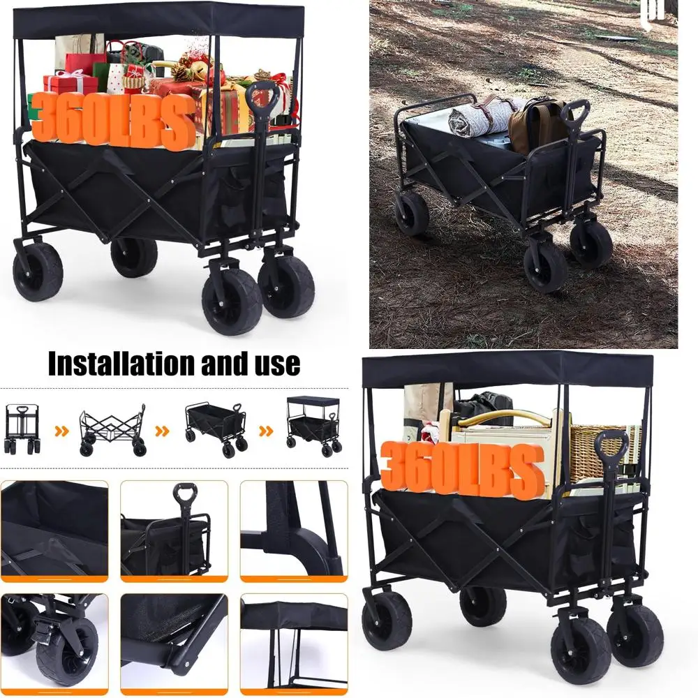 Sturdy C-Series Folding Utility Wagon with Black Steel Frame and Canopy, 4 Wheels, 33 x 22.4 x 7.6