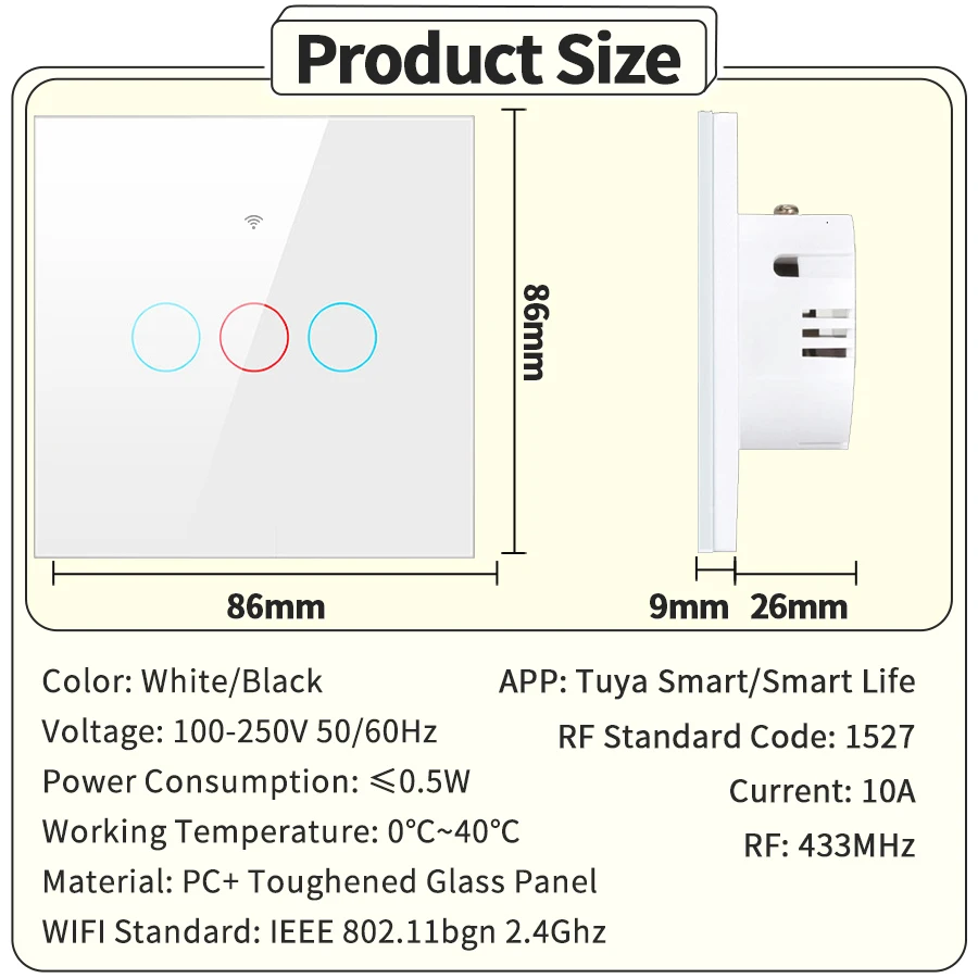 Tuya Smart WiFi Switch Work With Alexa Google Home No Neutral Wire Wireless 433Mhz Remote Touch Sensor Panel Switch 1/2/3Gang EU