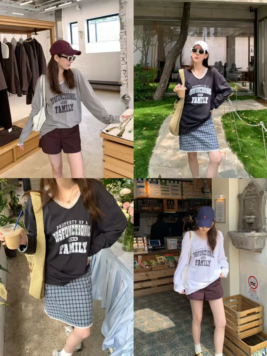 

Женская футболка оверсайз из хлопка с V-образным вырезом, кружевной отделкой и буквенным принтом, в корейском стиле, для повседневной носки, цвета ландбейдж.