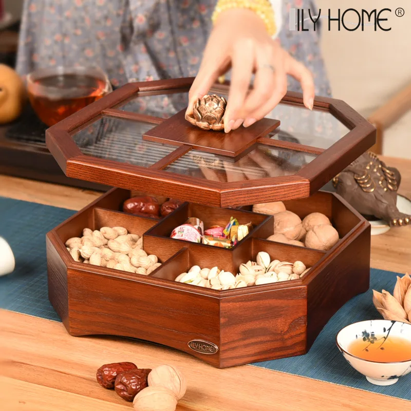 Dried Fruit Storage Box Double-Layer Melon Seeds Nut Plate Living Room Divided Solid Wood Light Luxury Snacks Candy Box