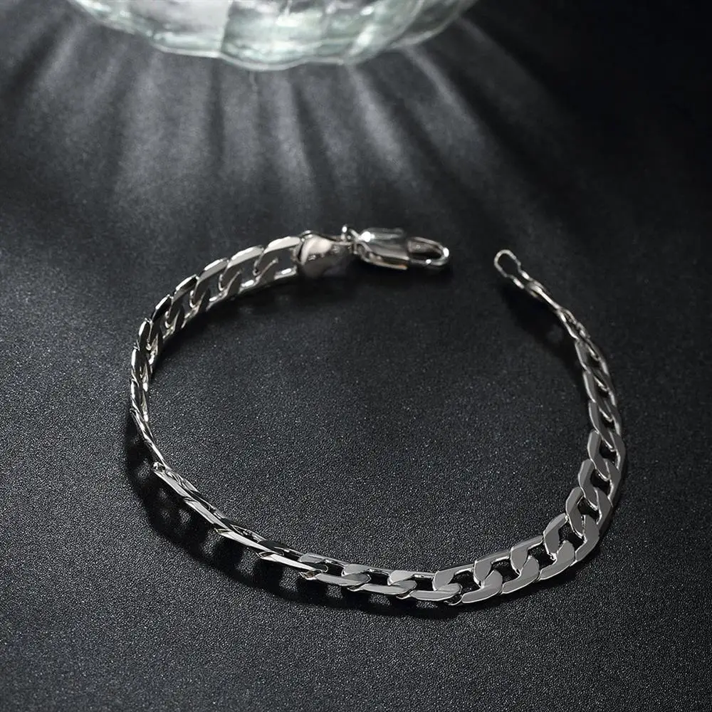 Hot stamped 925 Sterling silver Bracelets 6MM Flat sideways chain for women Wedding party fine Christmas Gifts fashion Jewelry