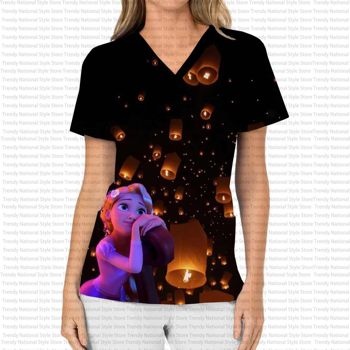 Neues Enchanted Story Rapunzel Cartoon Print V-Ausschnitt Pocket Frosted Top, medizinische Damen-Krankenschwester-Arbeitsuniform, Schönheitssalon-T-Shirt