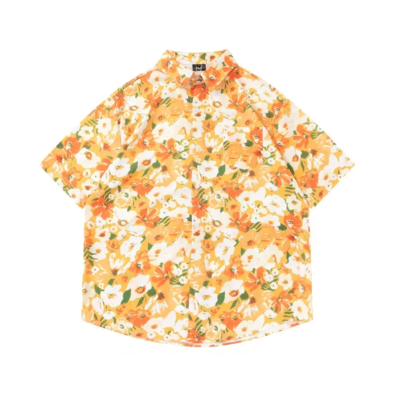 

Japanese Retro Floral Full Printed Short Sleeve Shirts Loose Hawaiian Couple Shirt for Men and Women