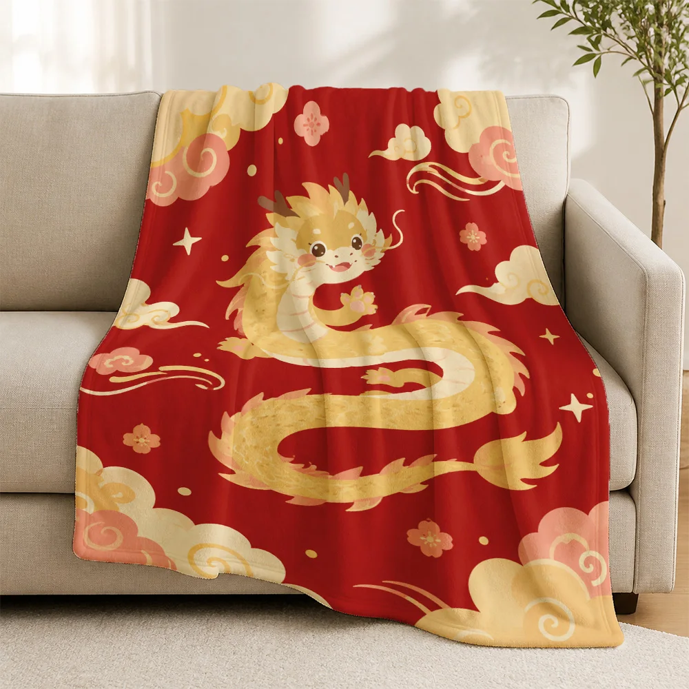 Decorative Red Chinese Dragon Print Throw Blanket for Sofa Couch Luxury Oriental Asian Culture Fleece Cozy Winter Home Decor Acc