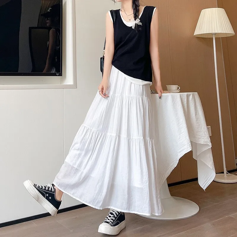 Summer Chic Pink Long Skirts for Women 2024 All Match A Line Cake Skirt Woman Korean Fashion White Midi Skirt Ladies NS5853