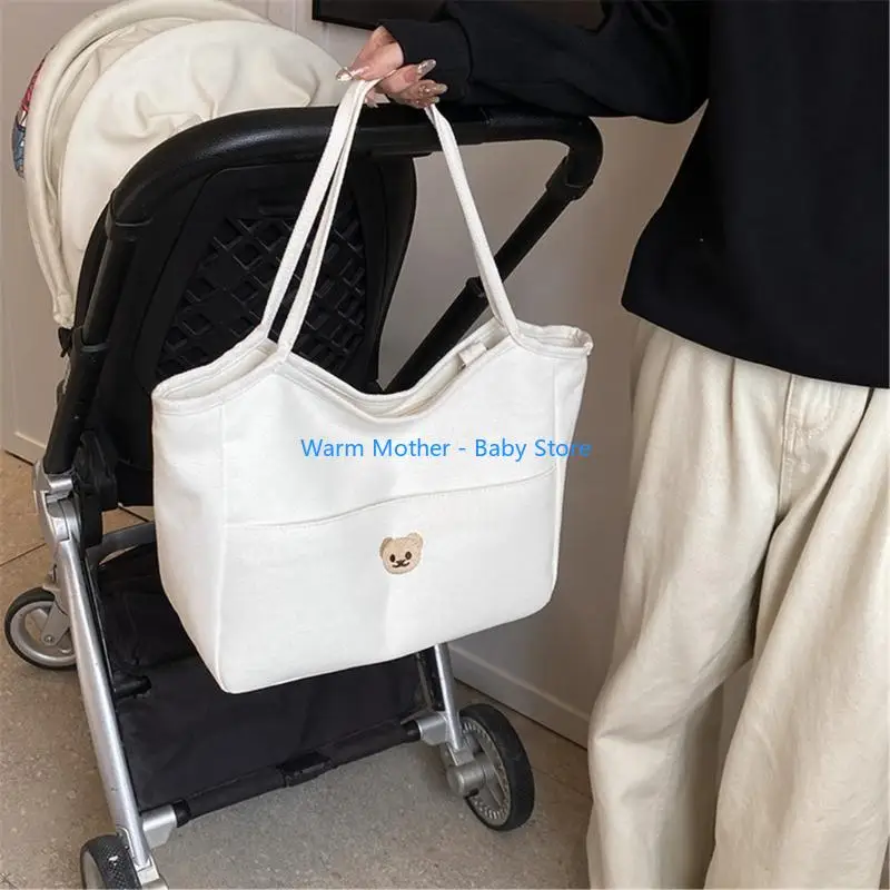 حقيبة حفاضات واسعة للأم حقيبة الأمومة مع تصاميم الدب المطرزة ومقصورات متعددة حقيبة متعددة الوظائف 57QE