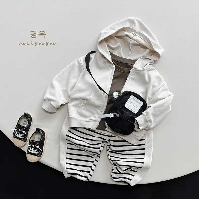 2024 New Spring Children Casual Hooded Jacket Solid Boys Hoodie Cotton Girls Zipper Coat Baby Tops Kids Clothes