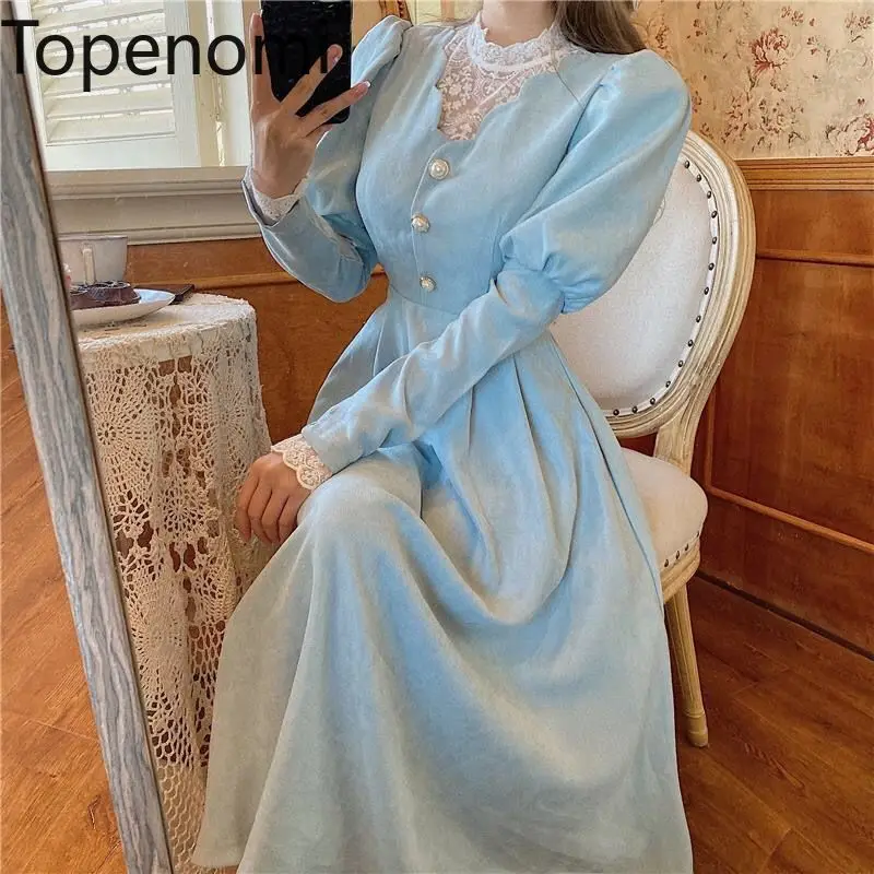 Topenomi French Retro Party Dress Women Lace Patchwork V Neck Waist Long Sleeve A-line Evening Gown Autumn Fashion Prom Vestidos