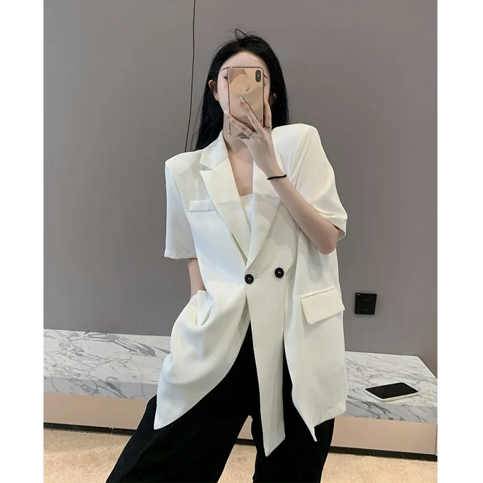 Blazer lunghi Donna Blazer scozzese classico Risvolto a doppio bottone Office Lady Autunno Capispalla elegante con tasche Moda vintage