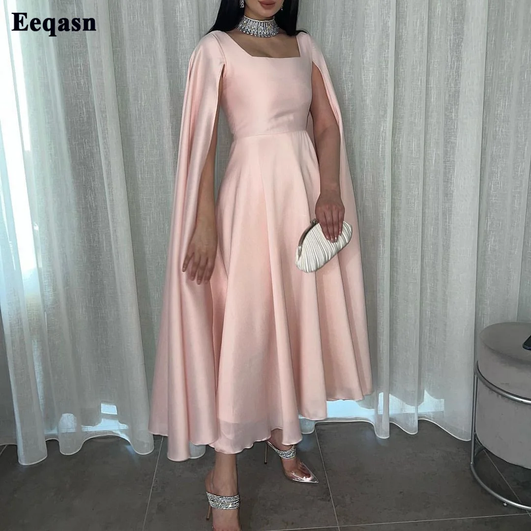 

Eeqasn Light Pink Chiffon Midi Prom Dresses Slit Long Sleeves Evening Women Formal Party Dress Tea Length Bridesmaid Gowns 2022