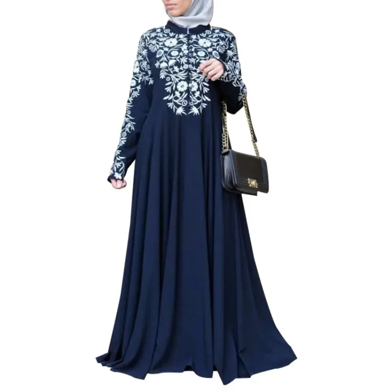 Women's Muslim Long Dresses Oversized Loose Floral Printed Casual Long Sleeved Ramadan Outfit Islamic Dubai Modest Abaya