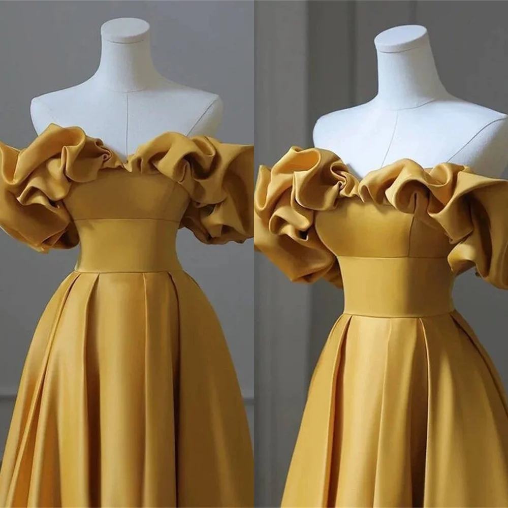 Customized Delicate Yellow Satin Evening Dress Temperament Boat Neck Off the Shoulder Sleeveless Lace Up Back Homecoming Dress