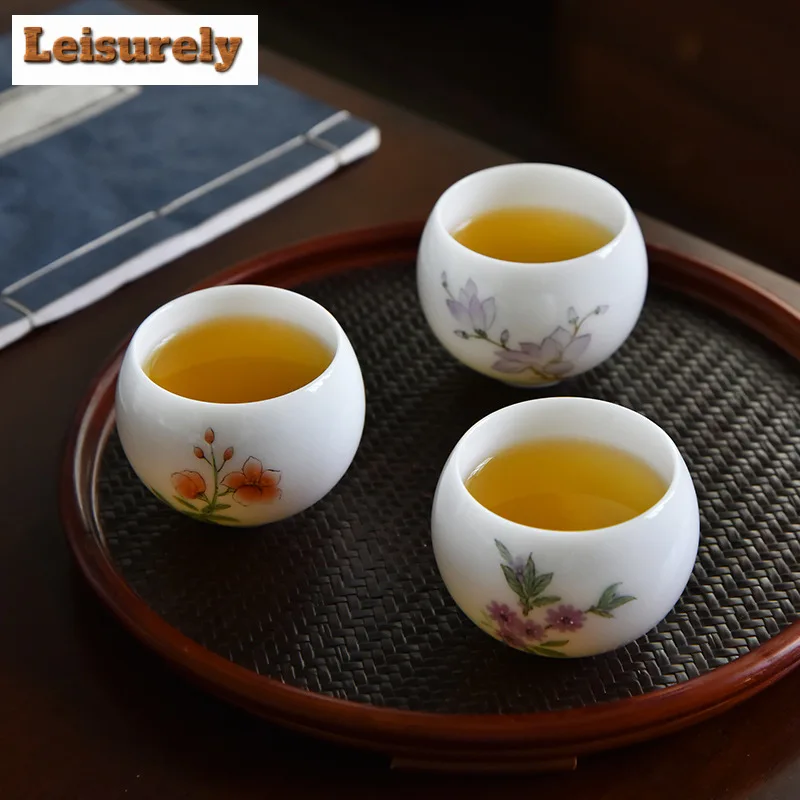 120ml Ice Seed Sheep Fat Jade Porcelain Teacup Hand Painted Flower Master Cup Zen Meditation Pressing Cup Chazhan Kung Fu Teaset