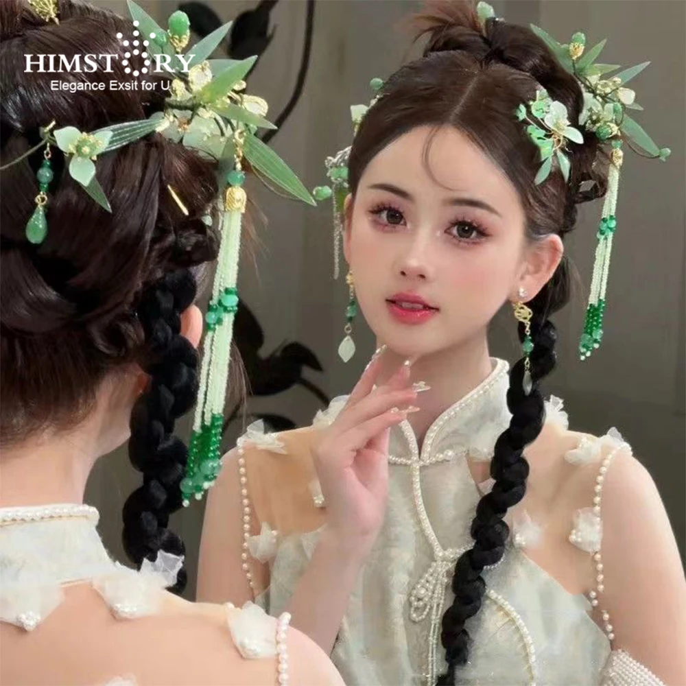 HIMSTORY Chinese Hair Clips Girls Hanfu Hair Accessories Green Bamboo Leaf  Hairpin  Headpiece Ancient Party Hairwear Set