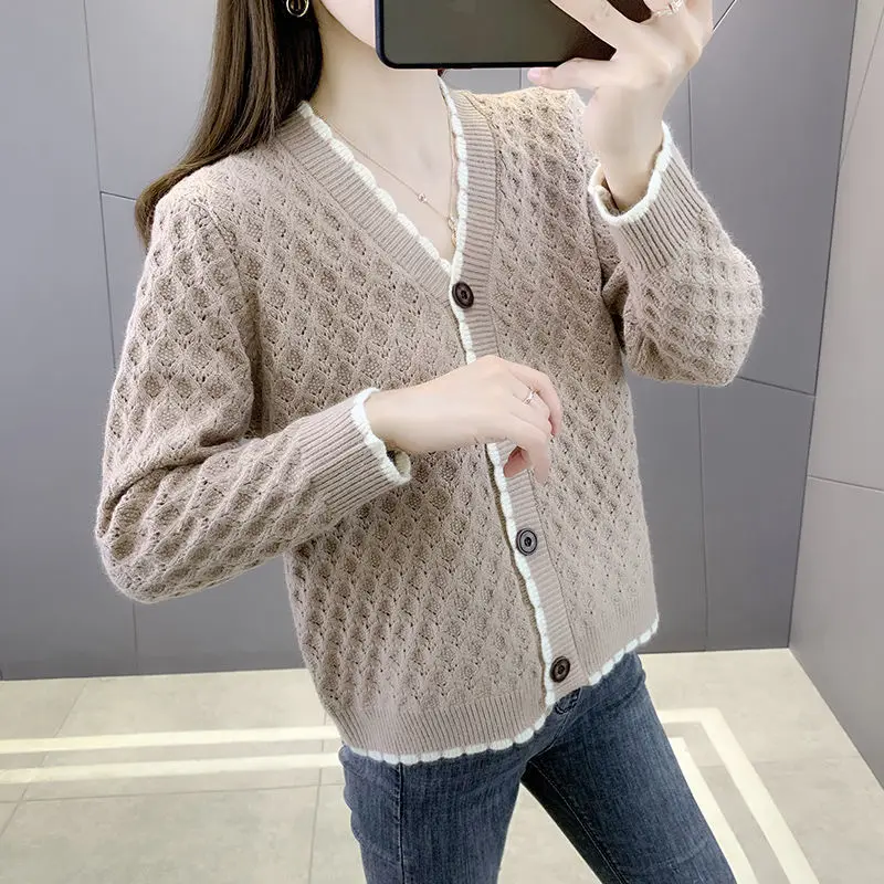 Fashion V-Neck Button Solid Color Cardigan Sweaters Female Clothing 2023 Autumn Loose All-match Knitted Commuter Tops