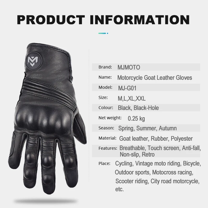 MJMOTO Retro Leather Motorcycle Classic Riding Gloves Touchscreen Motocross Glove Built-in Hard Shell Protective Motorbike Glove