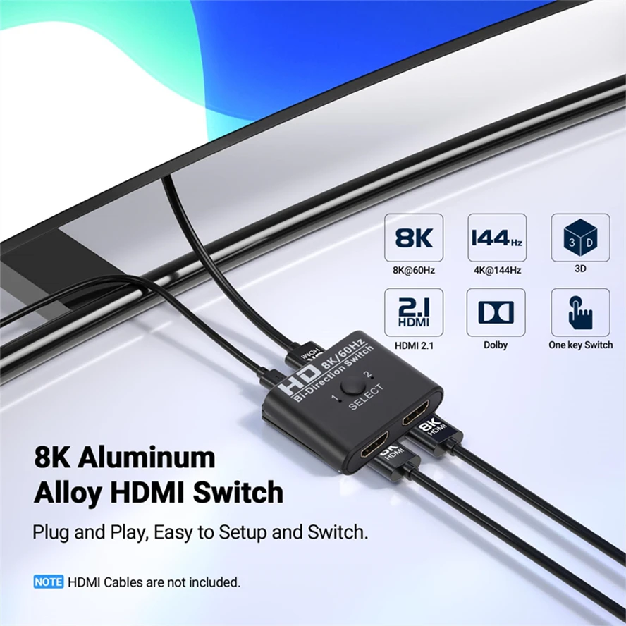 4K Hdmi Schakelaar Bi-Richting 2 Poorten 8K 60Hz Hdmi-Compatibele Splitter Schakelaar Voor Laptop Pc Xbox Ps3/4/5 Tv Box Naar Monitor Adapter